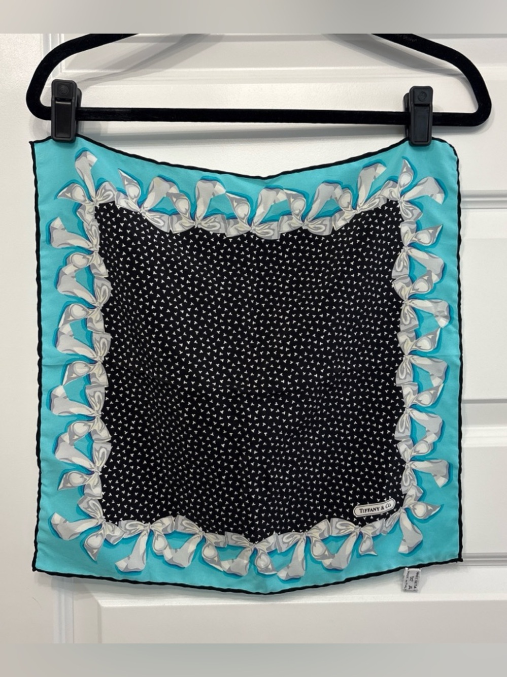 Tiffany & Co. Black and Blue Silk Square Scarf with Bows